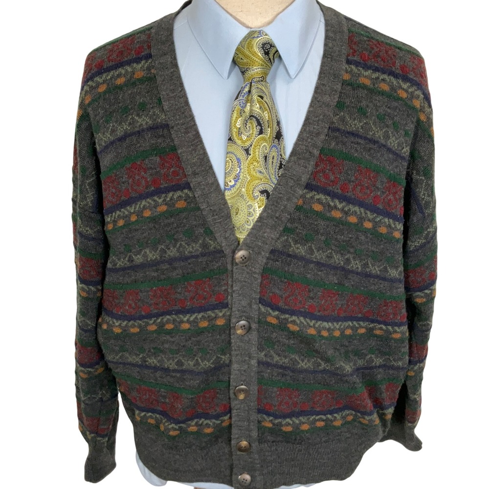 John Ashford Cardigan Men Medium Gray Multi Fair Isle Sweater Wool Italy VTG